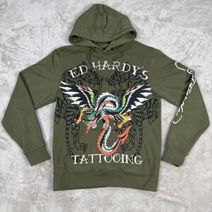 Ed Hardy Hoodie Tattooing Dragon Mens Small Green Pullover Graphic Fleece